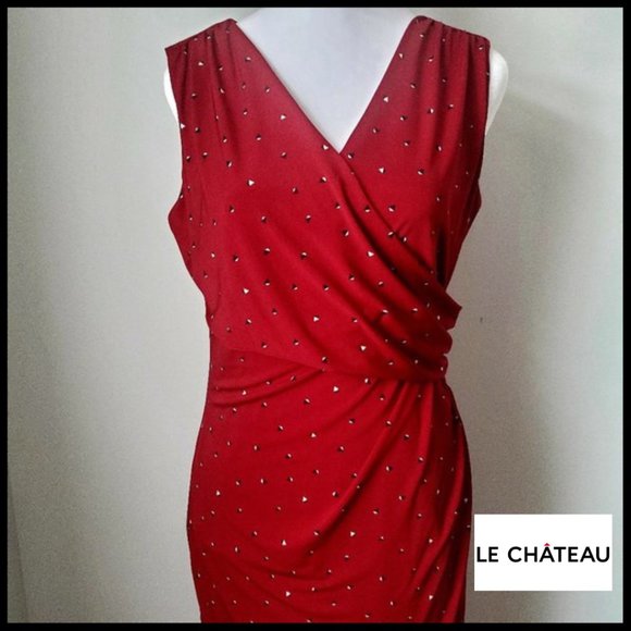 LE CHATEAU Y2K Red Faux Wrap Dress Gathered Detailing Small Geo Patten MEDIUM - Picture 1 of 8